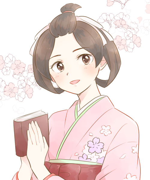 1girl, ace_attorney, bangs_pinned_back, blush, book, brown_eyes, brown_hair, cherry_blossoms