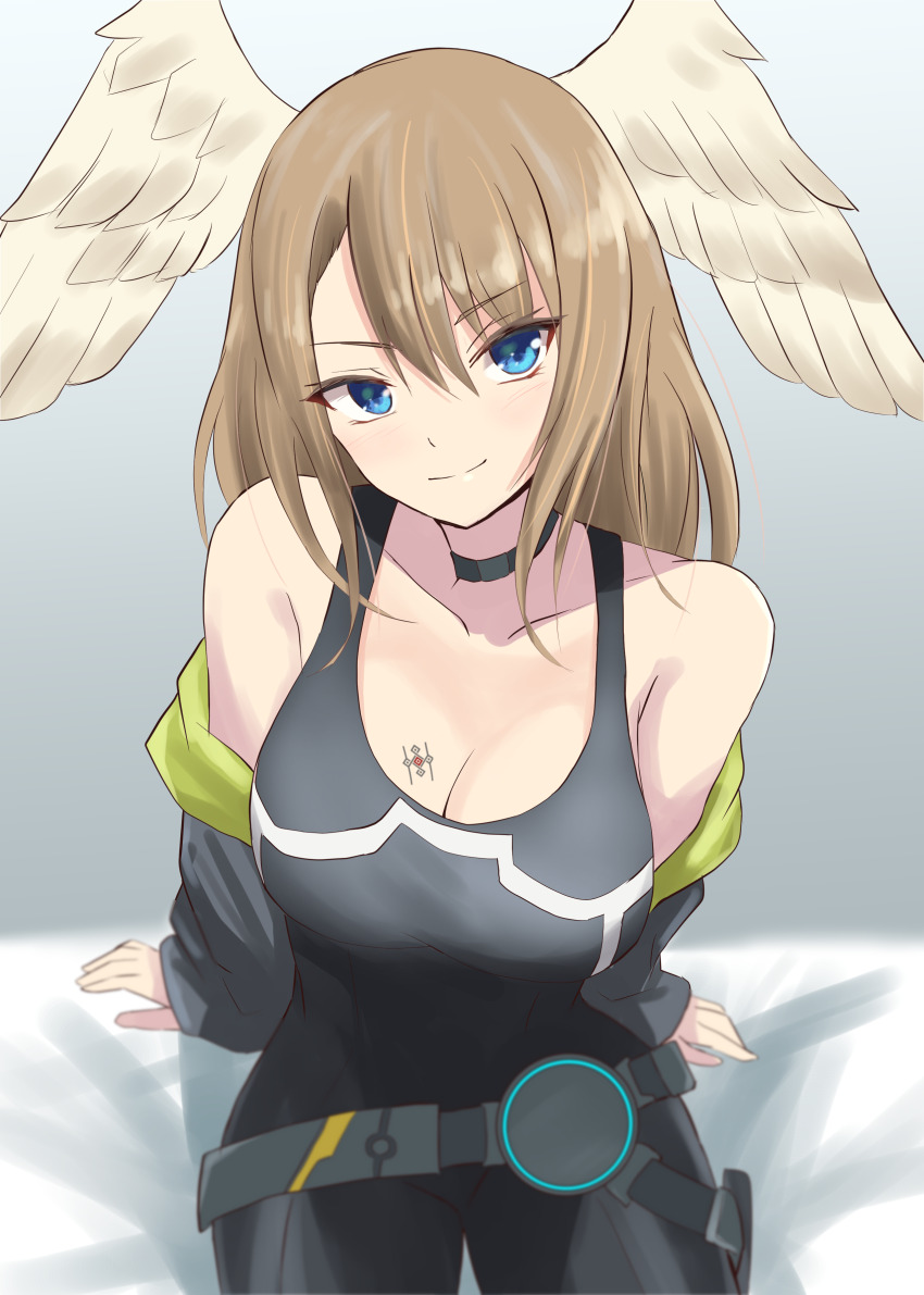 1girl, absurdres, black_bodysuit, black_choker, black_jacket, blue_eyes, bodysuit, breast_tattoo, breasts, brown_hair, choker, cleavage, eunie_(xenoblade), fukai_asase, head_wings, highres, hood, jacket, large_breasts, long_hair, looking_at_viewer, medium_hair, open_clothes, open_jacket, smile, solo, tattoo, white_wings, wings, xenoblade_chronicles_(series), xenoblade_chronicles_3