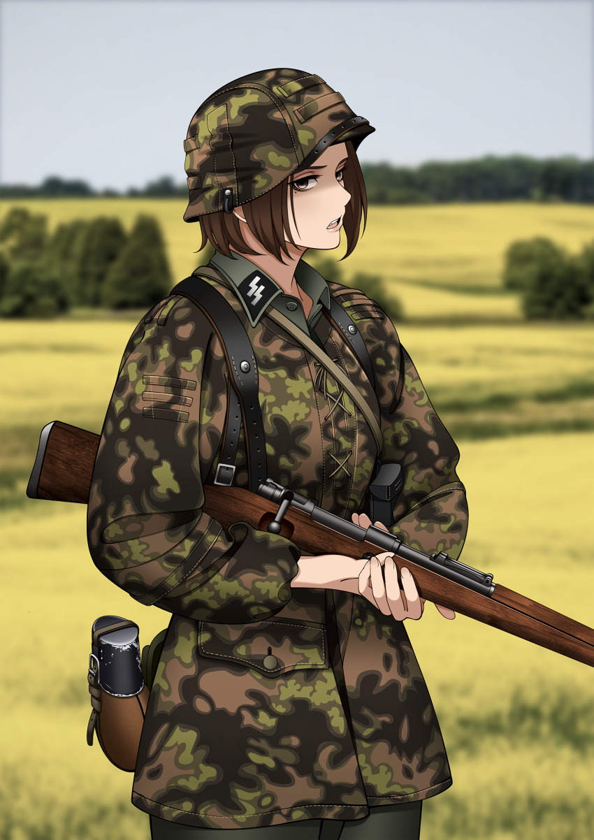 1girl, absurdres, ammunition_pouch, bolt_action, brown_eyes, brown_hair, bush, camouflage