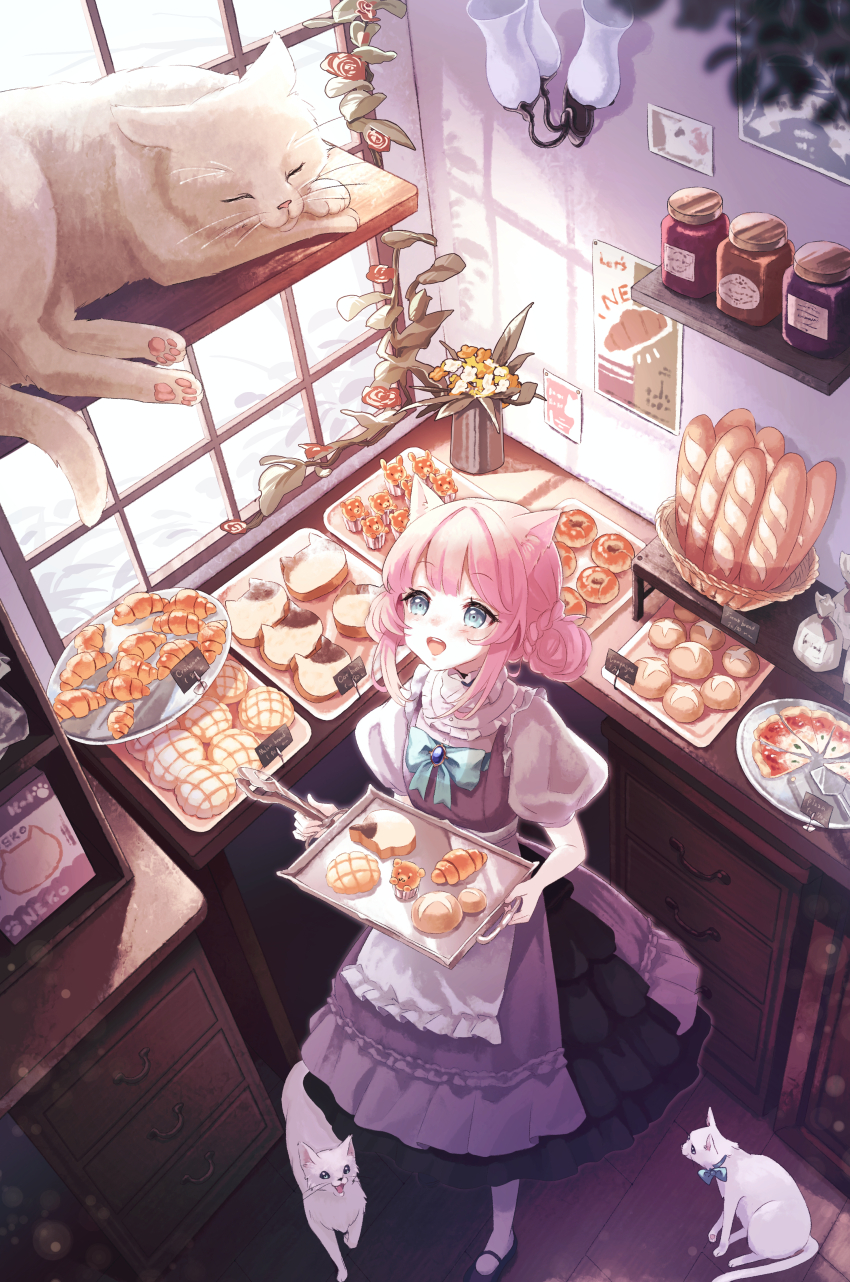 1girl, absurdres, animal, animal-themed_food, animal_ears, apron, aqua_bow, aqua_eyes