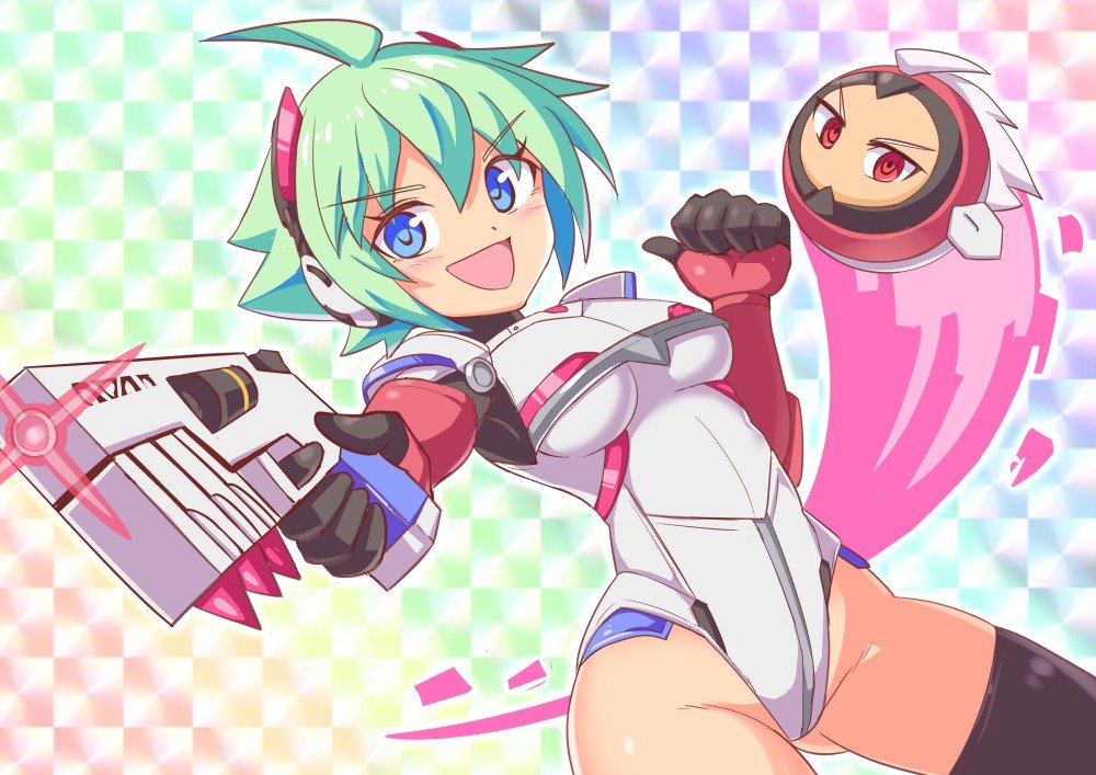 1girl, acura_(gunvolt), ahoge, azure_striker_gunvolt, black_thighhighs, breasts, cougar_(cougar1404), diffraction_spikes