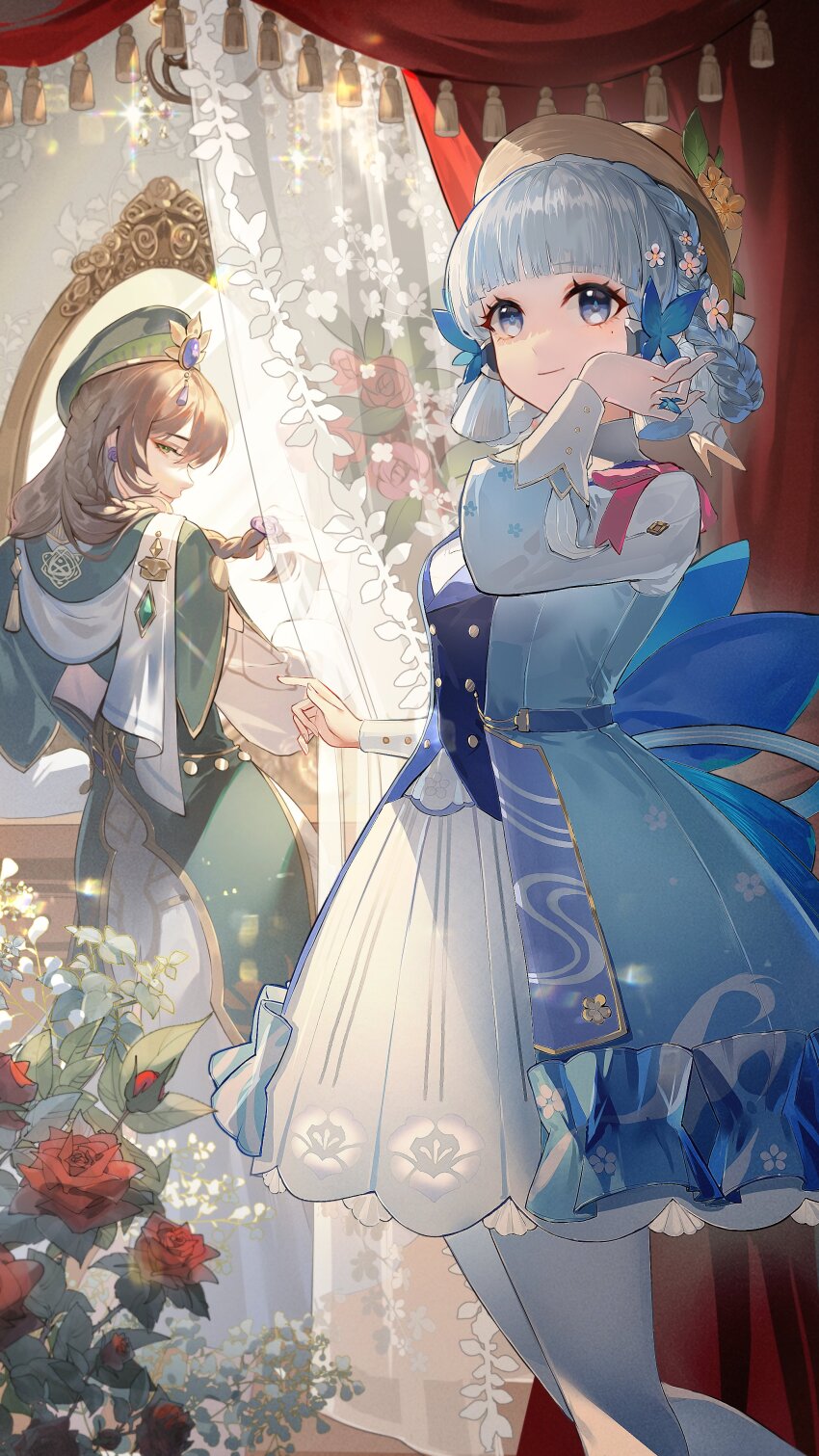 2girls, absurdres, ayaka_(genshin_impact), back_bow, blue_butterfly, blue_dress, blue_eyes, blue_gem