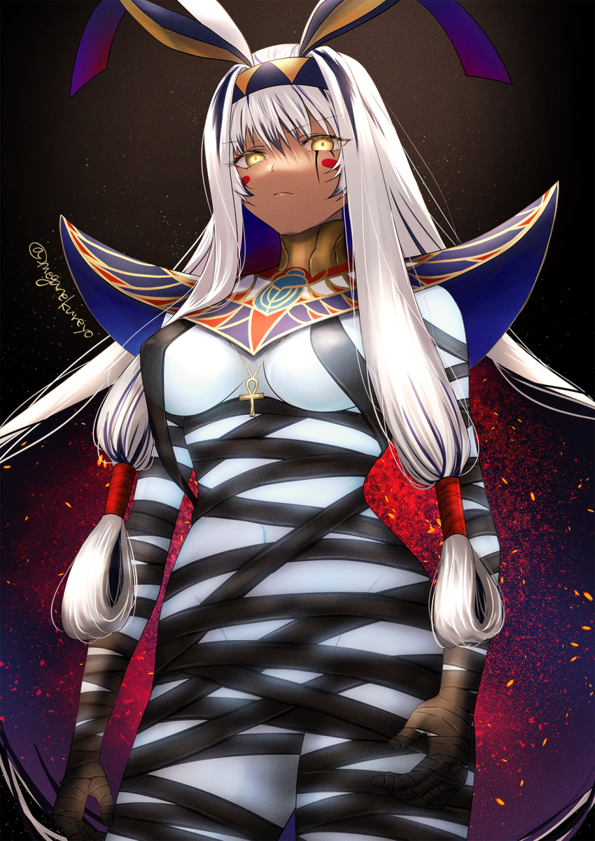 1girl, animal_ears, ankh, antenna_hair, bandages, black_bandages, black_hair, breasts