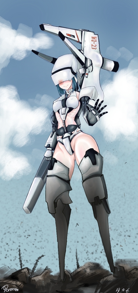 1girl, bad_id, bad_pixiv_id, blue_hair, blush, breasts, covered_erect_nipples, cyborg