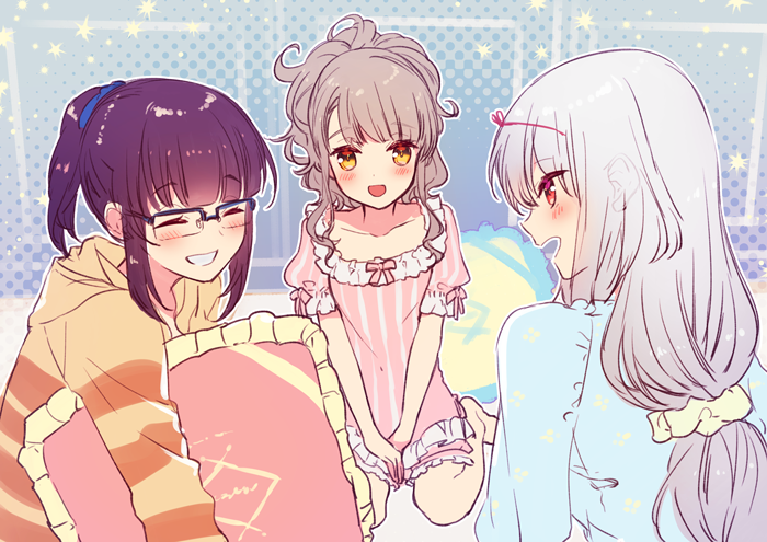 3girls, brown_eyes, dress, facing_viewer, from_behind, from_side, glasses, grey_hair
