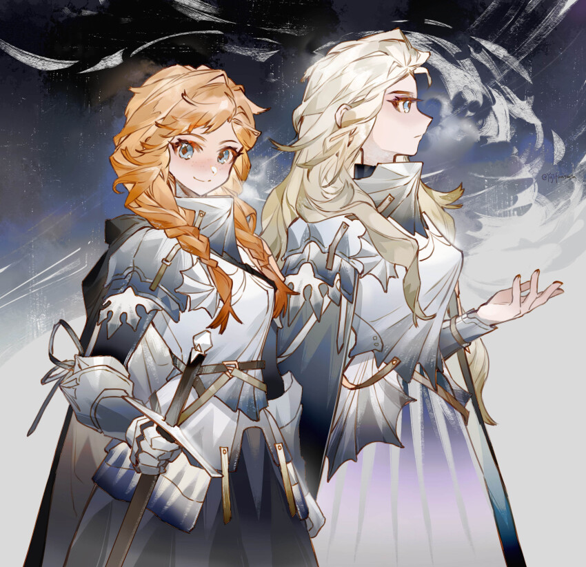 2girls, absurdres, alternate_costume, anna_(frozen), armor, armored_dress, blonde_hair, blue_eyes