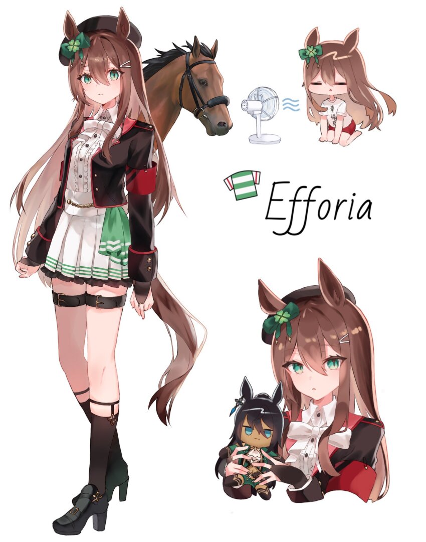 1girl, =_=, animal_ears, armband, brown_hair, character_doll, commentary, doll, efforia_(racehorse), full_body, green_eyes, hair_between_eyes, hair_ornament, hairclip, highres, horse, horse_ears, horse_girl, horse_tail, looking_at_viewer, original, shoes, solo, symboli_kris_s_(umamusume), tail, toriumi_(trmx_x), umamusume, umamusume_horse_relations, white_background