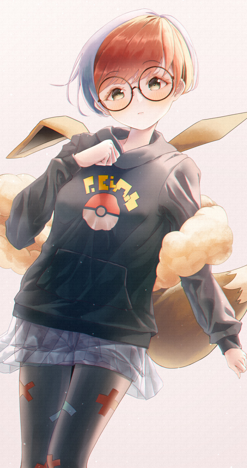 1girl, backpack, bag, black-framed_eyewear, black_hoodie, blush, brown_bag, closed_mouth