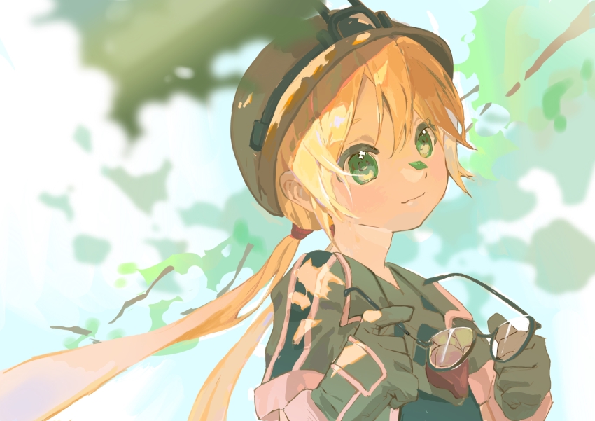 1girl, absurdres, black-framed_eyewear, black_shirt, blonde_hair, blurry, blurry_background, branch