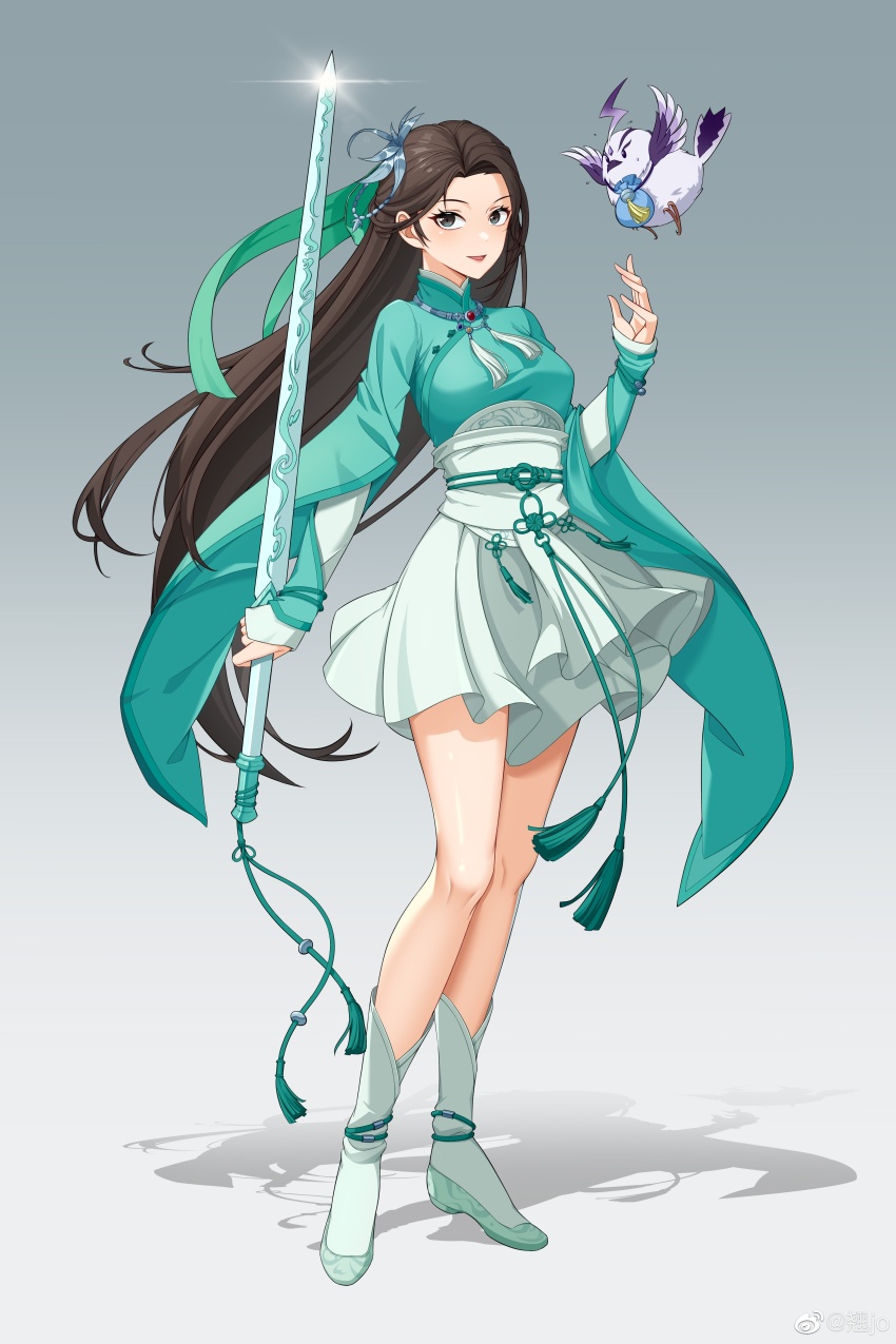 1girl, absurdres, aqua_shoes, bare_legs, bird, brown_hair, chinese_clothes, dress