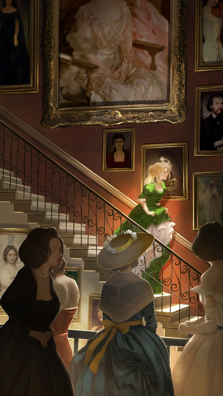 5girls, absurdres, artist_name, audrey_hall, bare_back, bare_shoulders, black_footwear, blonde_hair, blue_dress, bonnie_valeet, breasts, brown_hair, brown_headwear, chair, chinese_commentary, choker, cleavage, clothes_lift, commentary_request, drawing_(object), dress, flower, gloves, green_choker, green_dress, green_eyes, hair_flower, hair_ornament, hat, highres, indoors, jewelry, lips, long_hair, lord_of_the_mysteries, medium_breasts, multiple_girls, necklace, orange_dress, parted_lips, pearl_necklace, shaded_face, short_hair, sitting, skirt, skirt_lift, small_breasts, spotlight, stairs, teeth, veil, white_dress, white_gloves