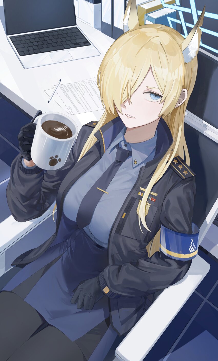 1girl, absurdres, animal_ear_fluff, animal_ears, armband, asymmetrical_bangs, black_gloves, black_jacket, blonde_hair, blue_archive, blue_eyes, blue_necktie, blue_shirt, blue_skirt, cjsdh1000, coffee_mug, collared_shirt, computer, cup, epaulettes, extra_ears, from_above, gloves, hair_over_one_eye, halo, highres, holding, holding_cup, indoors, jacket, kanna_(blue_archive), laptop, long_hair, long_sleeves, looking_at_viewer, mug, necktie, paper, parted_lips, pen, pencil_skirt, shirt, shirt_tucked_in, sitting, skirt, solo, tie_clip