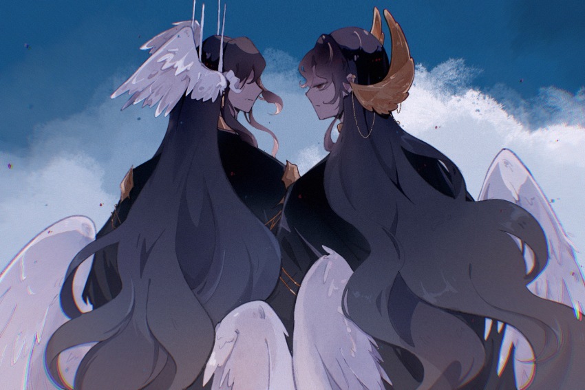 angel, angel_wings, azik_eggers, black_hair, black_robe, chinese_commentary, cloud, commentary_request