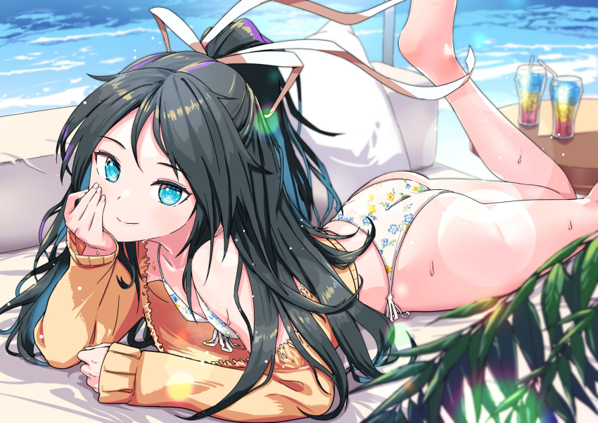1girl, asava_(hutaitenn), ass, bikini, black_hair, blue_eyes, breasts, drink