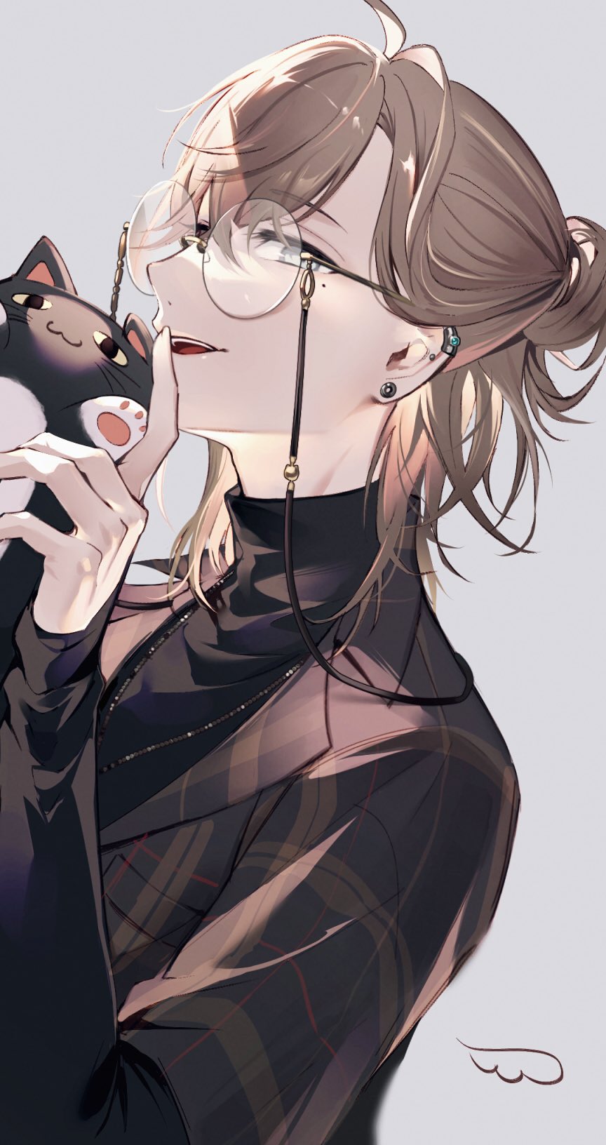 1boy, :d, black_shirt, brown_hair, brown_jacket, drawn_wings, ear_piercing, earclip, earrings, eyewear_strap, glasses, grey_background, grey_eyes, hair_between_eyes, hair_bun, half_updo, highres, holding, holding_stuffed_toy, jacket, jewelry, kanae_(13th_costume)_(nijisanji), kanae_(nijisanji), layered_sleeves, long_sleeves, looking_at_viewer, male_focus, medium_hair, mole, mole_under_eye, necklace, nijisanji, open_mouth, piercing, plaid_clothes, plaid_jacket, round_eyewear, shirt, short_over_long_sleeves, short_sleeves, simple_background, single_hair_bun, smile, solo, stud_earrings, stuffed_animal, stuffed_cat, stuffed_toy, teeth, turtleneck, upper_body, upper_teeth_only, virtual_youtuber, yu_pa_u