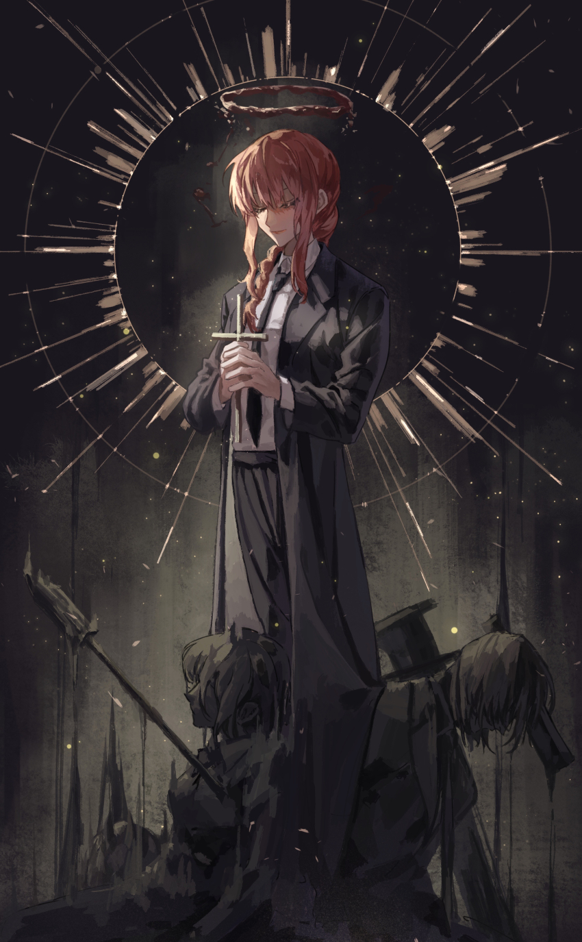 absurdres, black_coat, black_necktie, black_pants, braid, braided_ponytail, chainsaw_man, character_request