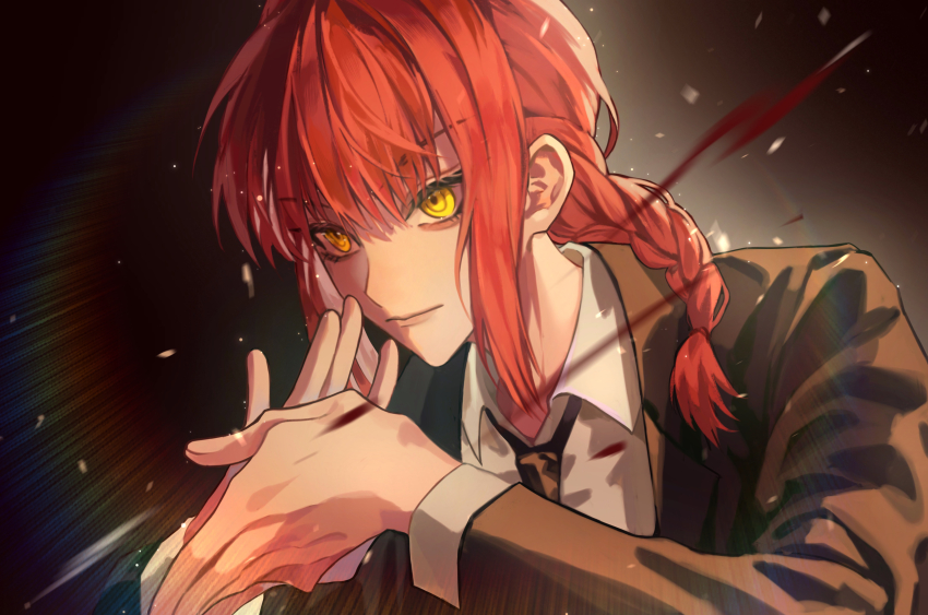 1girl, absurdres, black_coat, black_necktie, blood, braid, braided_ponytail, chainsaw_man