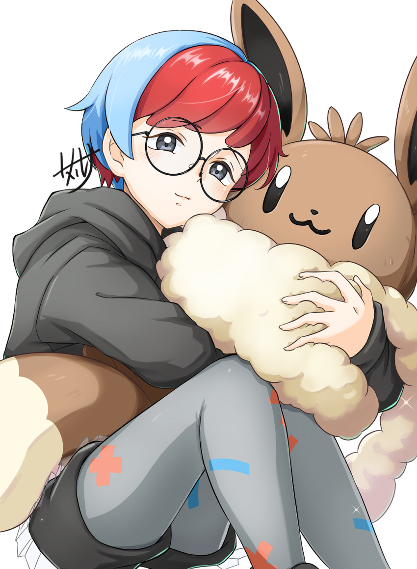 1girl, backpack, bag, black-framed_eyewear, blue_hair, blush, brown_bag, closed_mouth