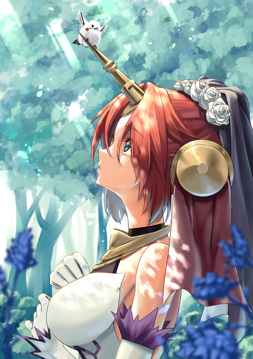 1girl, animal, animal_on_head, bare_shoulders, bird, bird_on_head, blue_eyes, detached_sleeves