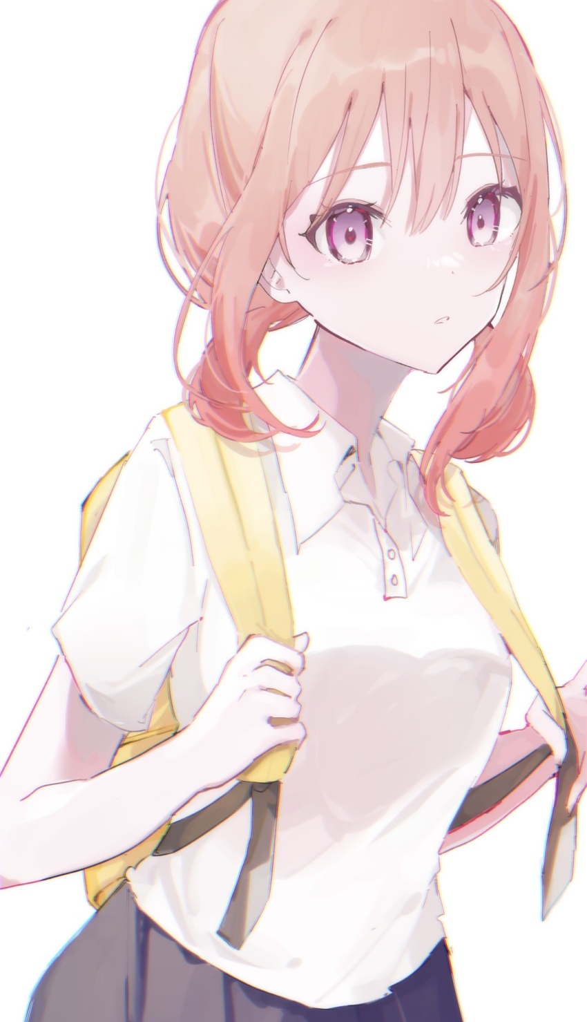 1girl, backpack, bag, bihuloa, breasts, chromatic_aberration, collared_shirt, commentary
