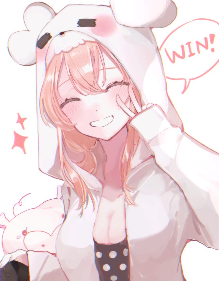 !, 1girl, ^_^, animal_hood, bihuloa, black_camisole, blush, breasts, camisole, cleavage, closed_eyes, commentary, english_commentary, english_text, facing_viewer, hair_between_eyes, highres, honeyworks, hood, hood_up, hoodie, kokuhaku_jikkou_iinkai, kumamaru_(honeyworks), long_hair, long_sleeves, mascot_costume, medium_breasts, open_mouth, pink_hair, polka_dot, polka_dot_camisole, setoguchi_hina, simple_background, sleeves_past_wrists, smile, solo, speech_bubble, teeth, upper_body, v, white_background, white_hoodie