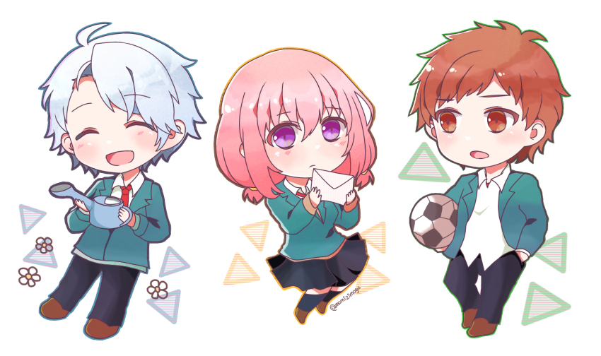 1girl, 2boys, :d, ^_^, ahoge, ayase_koyuki, ball, black_pants