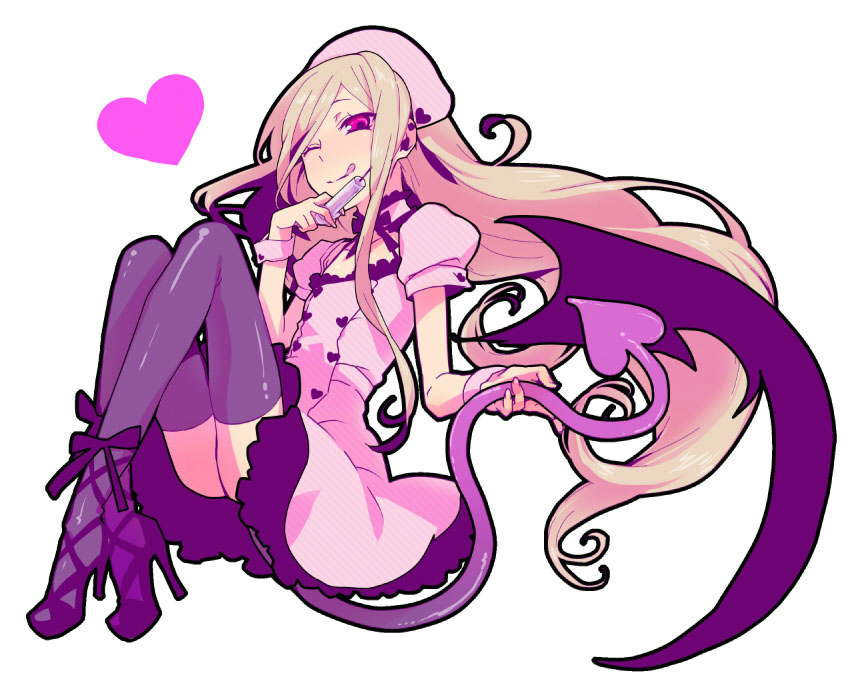 1boy, afuro_terumi, bad_id, bad_pixiv_id, bat_wings, black_thighhighs, blonde_hair, choker, crossdressing, crossdressing_(mtf), demon_tail, dress, floating, full_body, heart, high_heel_sandals, high_heels, inazuma_eleven, inazuma_eleven_(series), latex, long_hair, male_focus, numeri, nurse, one_eye_closed, sandals, shoes, simple_background, smile, solo, syringe, tail, thighhighs, trap, wings, wink