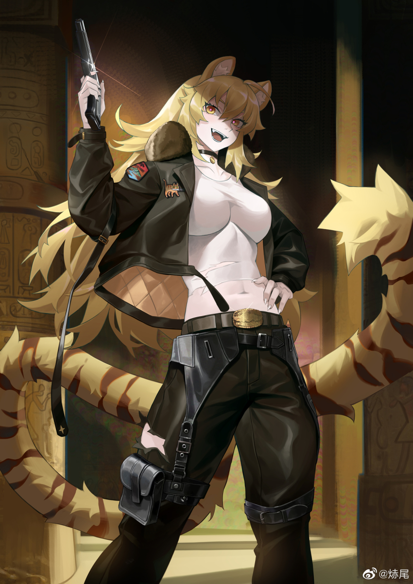 1girl, ahoge, animal_ear_fluff, animal_ears, artist_name, belt, belt_buckle, black_choker, black_jacket, black_pants, blonde_hair, blush, breasts, buckle, choker, claws, collarbone, female_focus, finger_on_trigger, frde, fur_collar, glint, gun, hair_between_eyes, hand_on_own_hip, handgun, hieroglyphics, highres, holding, holding_gun, holding_weapon, indoors, jacket, large_breasts, legs_apart, light_blush, long_hair, long_sleeves, looking_at_viewer, matching_hair/eyes, midriff, navel, open_clothes, open_jacket, original, pale_skin, pants, pillar, pink_pupils, pouch, shirt, sidelocks, solo, standing, stomach, striped_tail, tail, thigh_pouch, thigh_strap, tiger_ears, tiger_girl, tiger_tail, torn_clothes, torn_pants, torn_shirt, watermark, weapon, weibo_watermark, white_shirt, yellow_eyes