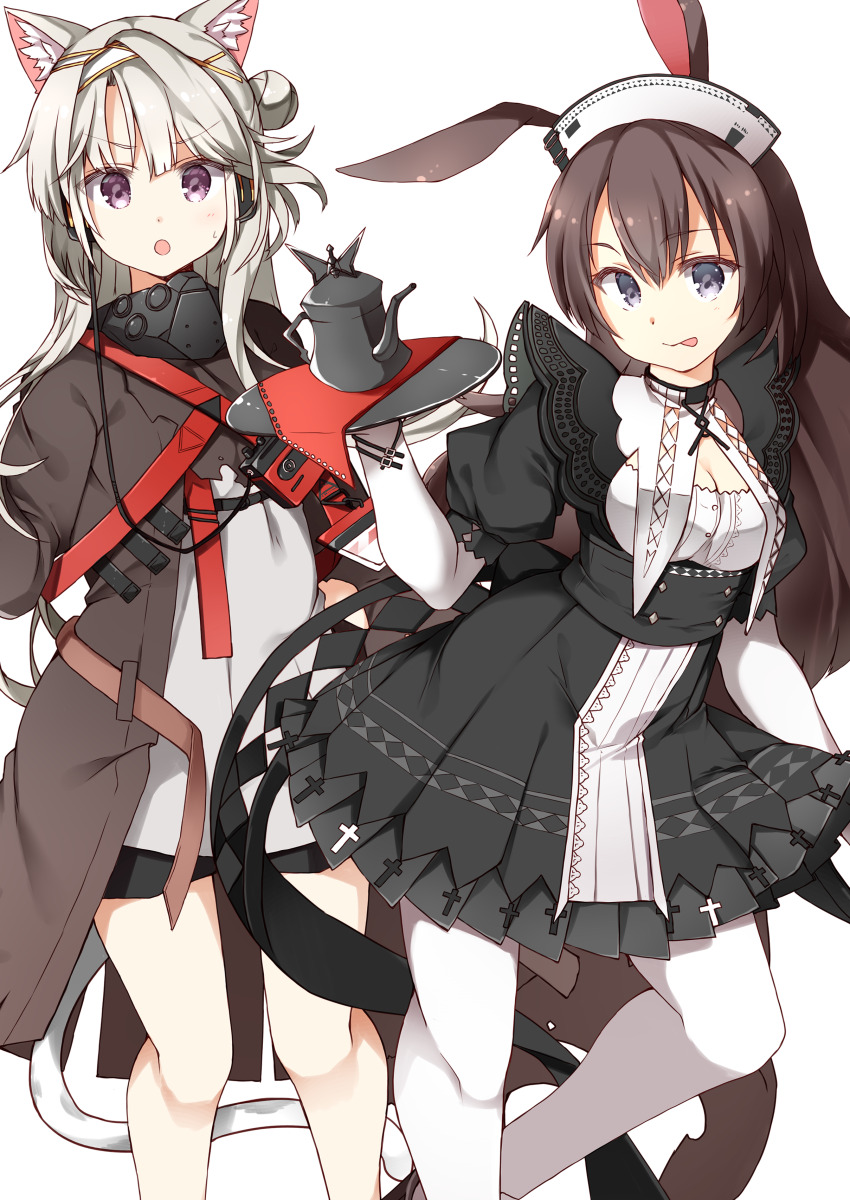 2girls, absurdres, animal_ears, april_(arknights), april_(faraway_gaze)_(arknights), arknights, breasts, brown_coat