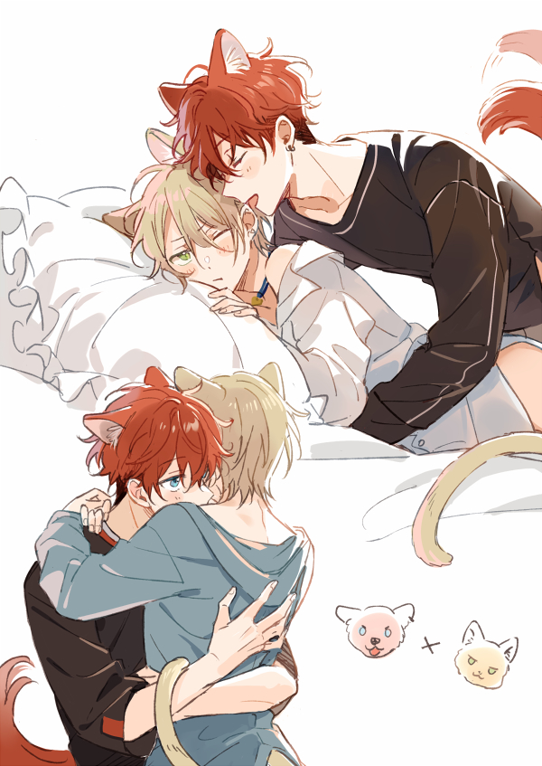 2boys, amagi_hiiro, animal_ears, blonde_hair, blue_eyes, blush, cat_boy, cat_ears
