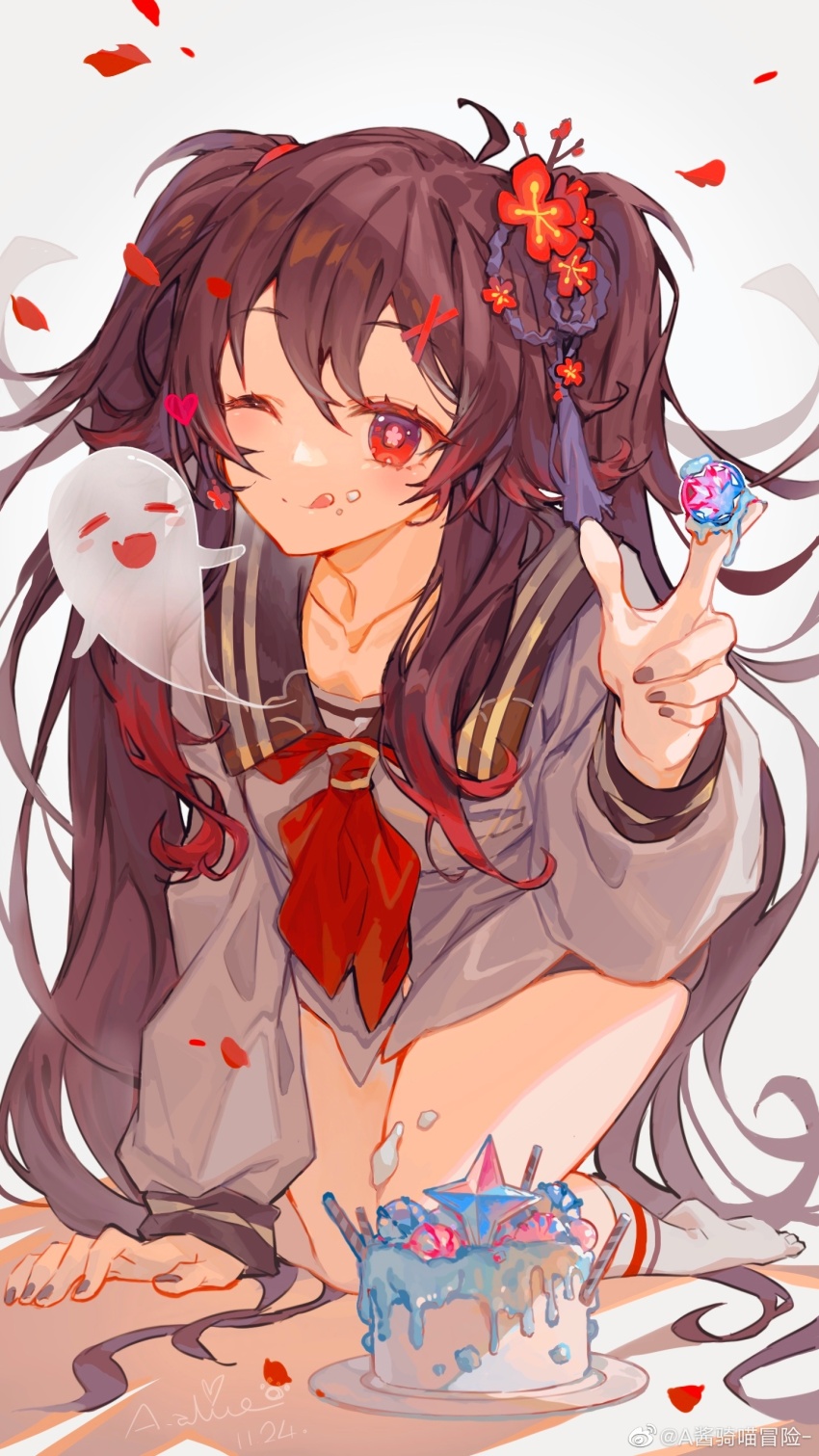 1girl, ;q, a-ton, absurdres, ahoge, alternate_costume, black_nails, black_shorts