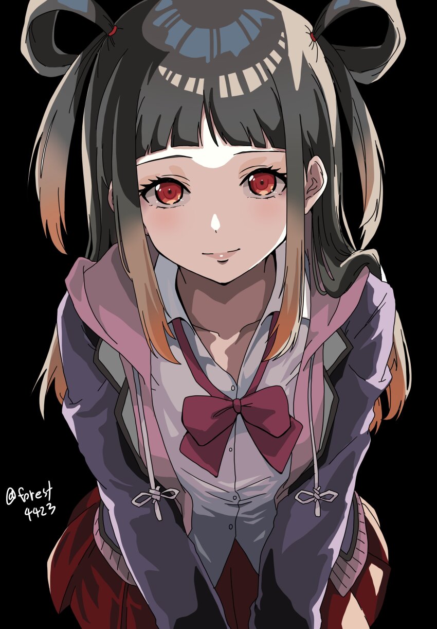 1girl, absurdres, black_background, black_hair, blazer, blunt_bangs, blush, bow