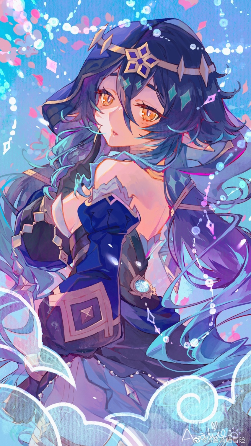 1girl, a-ton, absurdres, backless_outfit, bare_shoulders, black_gloves, blue_hair, blue_hood