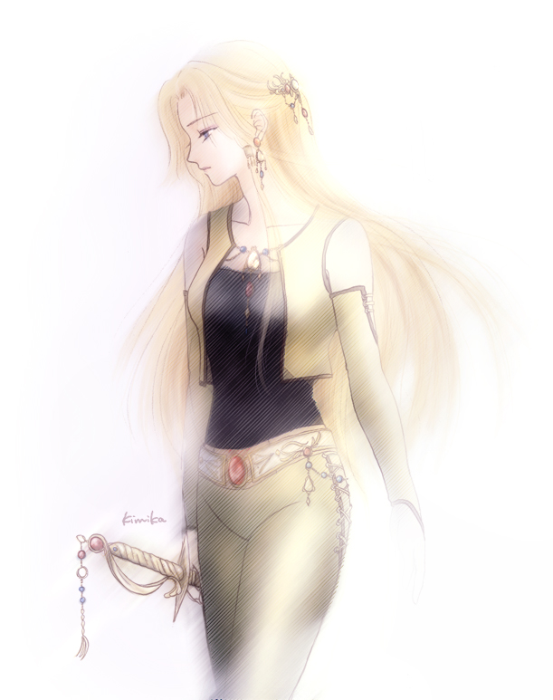 1990s_(style), 1girl, blonde_hair, blue_eyes, celes_chere, detached_sleeves, earrings, female_focus