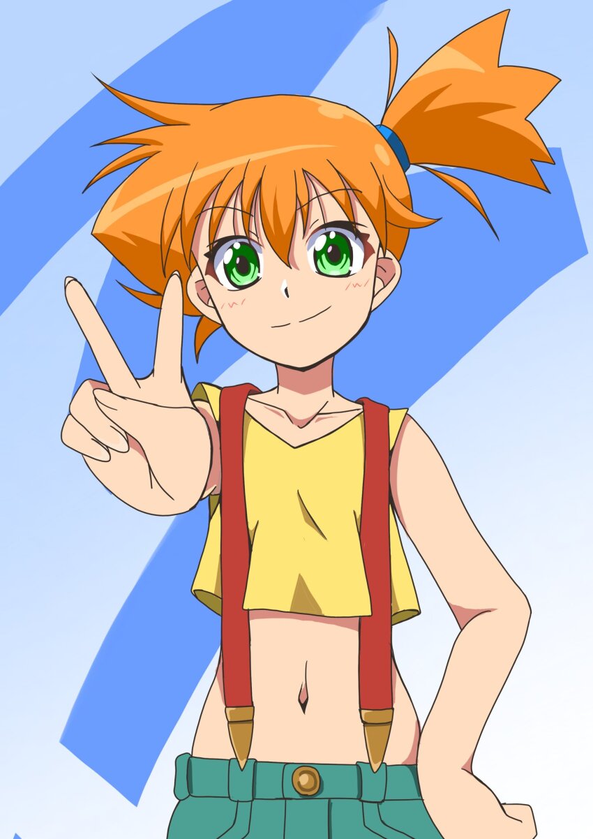 1girl, armpits, asymmetrical_hair, belt_loop, blue_shorts, blush, denim, denim_shorts