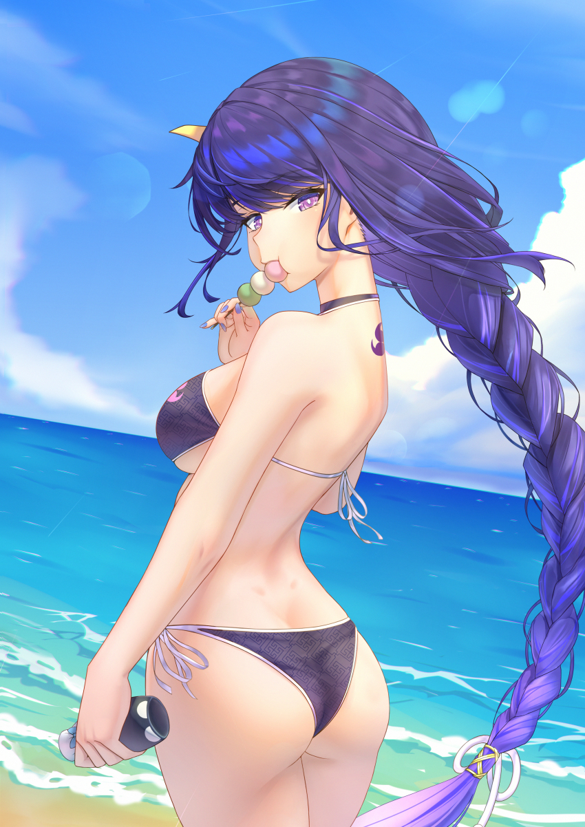 1girl, absurdres, ass, back_tattoo, beach, bikini, blue_nails, blue_sky, bottle, braid, breasts, butt_crack, choker, cloud, commentary_request, dango, day, dd_che_shen, eating, food, from_behind, genshin_impact, hand_up, highres, holding, holding_bottle, holding_food, large_breasts, long_hair, looking_at_viewer, looking_back, low-braided_long_hair, low-tied_long_hair, mitsudomoe_(shape), ocean, outdoors, purple_bikini, purple_eyes, purple_hair, raiden_shogun, sanshoku_dango, side-tie_bikini_bottom, sky, solo, swimsuit, tattoo, tomoe_(symbol), very_long_hair, wagashi