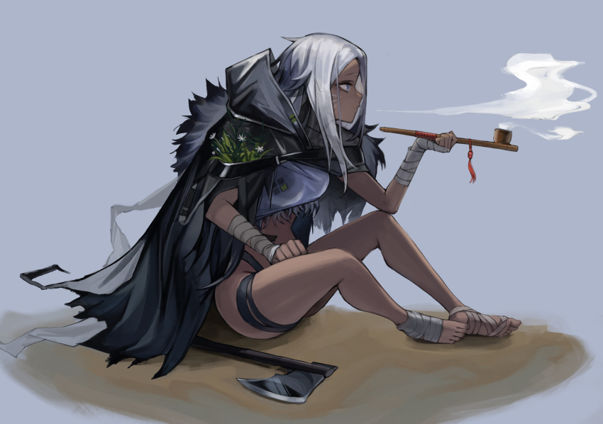 arknights, axe, bandaged_arm, bandaged_foot, bandages, beruko14, black_cape, blue_eyes, breasts, cape, dark-skinned_female, dark_skin, facepaint, from_side, full_body, grey_background, grey_hair, highres, holding, holding_smoking_pipe, inam_(arknights), long_hair, medium_breasts, revealing_clothes, simple_background, sitting, smoking, smoking_pipe, thigh_strap