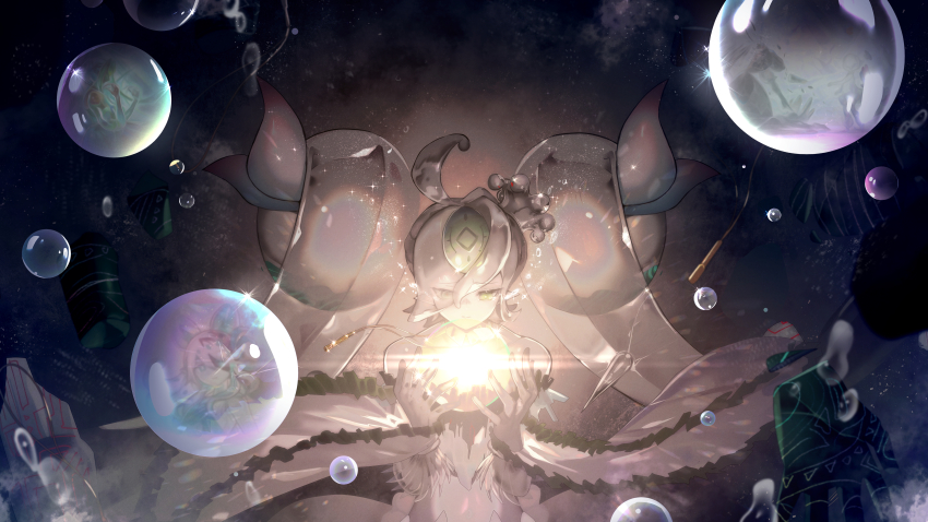 1girl, absurdres, ahoge, bare_shoulders, bubble, commentary_request, crying, crying_with_eyes_open, dress, duel_monster, glowing, green_eyes, hands_up, highres, icejade_acti, icejade_aegirine, icejade_gymir_aegirine, icejade_kosmochlor, long_sleeves, ro_g_(oowack), solo, sparkle, tears, white_dress, wide_sleeves, yu-gi-oh!