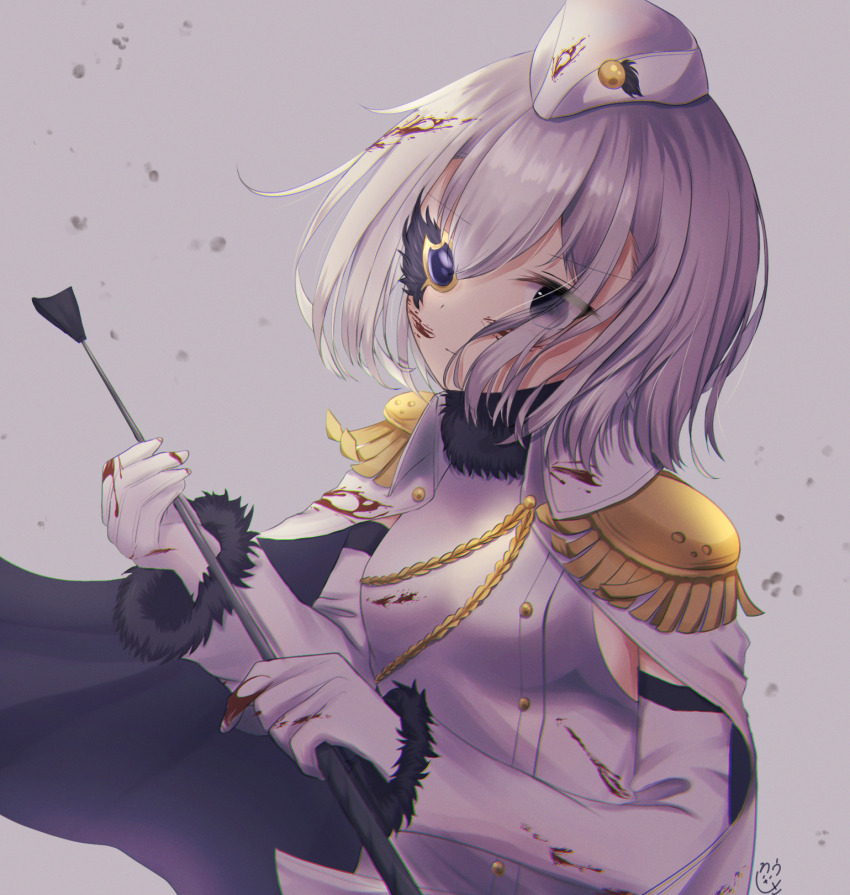 1girl, asymmetrical_bangs, black_cape, black_scarf, blood, blood_on_clothes, blood_on_face, buttons