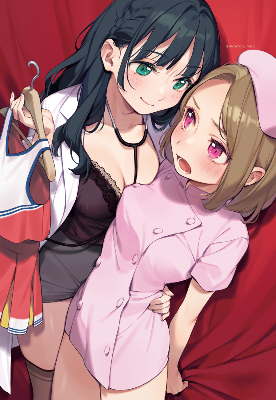 2girls, arm_around_another's_waist, asymmetrical_docking, black_hair, breast_press, breasts, brown_hair, brown_thighhighs