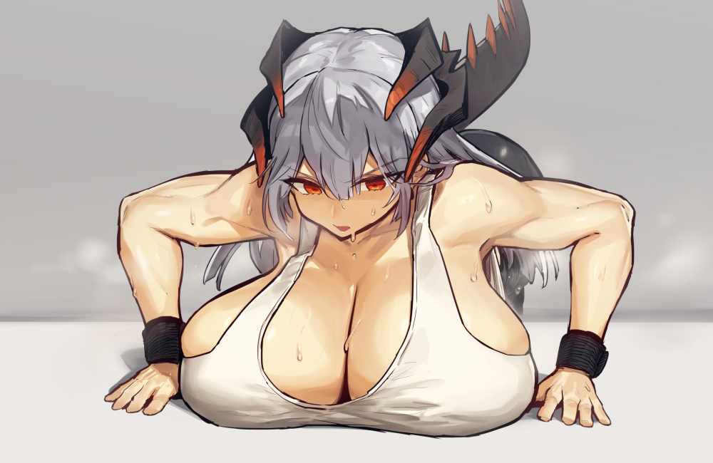 1girl, alternate_breast_size_(larger), arknights, bare_shoulders, breast_focus, breast_press, breasts, cleavage