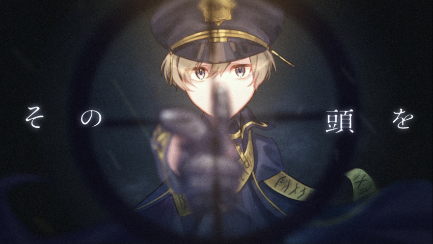 1other, androgynous, black_gloves, black_jacket, black_shirt, collared_jacket, collared_shirt, es_(milgram), gloves, grey_eyes, hat, jacket, kanoyuu155, light_brown_hair, looking_at_viewer, milgram, shirt, short_hair, short_sleeves, solo, translation_request