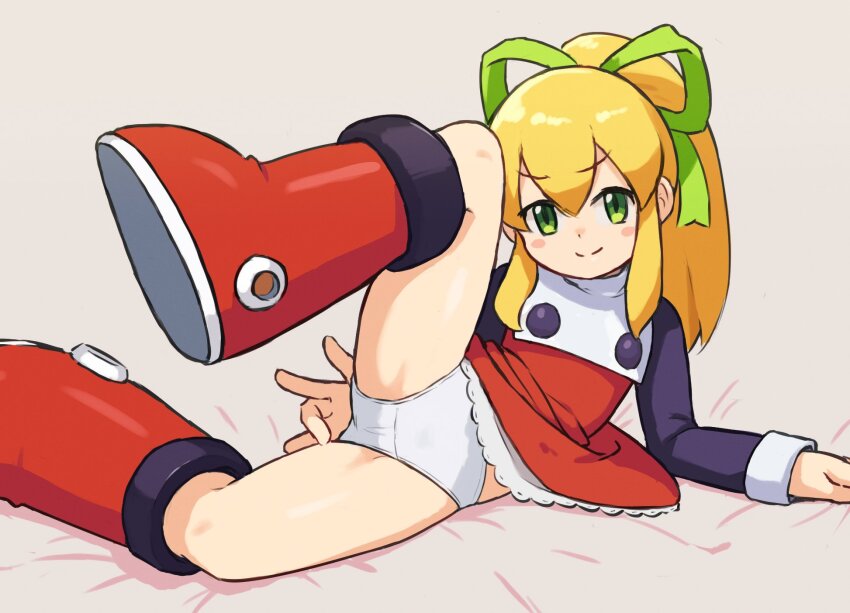 1girl, blonde_hair, boots, cameltoe, chiwino, clothes_lift, crotch_seam, dress, dress_lift, female_focus, green_eyes, highres, leg_lift, leg_up, legs, loli, long_hair, looking_at_viewer, lying, mega_man_(series), on_side, panties, ponytail, red_boots, red_dress, ribbon, roll_(mega_man), short_dress, smile, solo, spread_legs, thighs, underwear, white_panties
