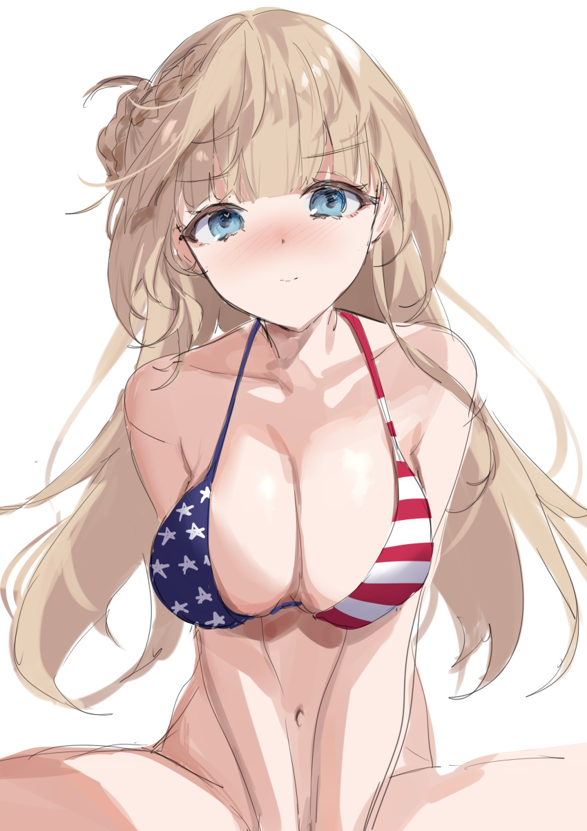 1girl, absurdres, american_flag, american_flag_bikini, american_flag_print, bikini, bikini_top_only, blue_eyes