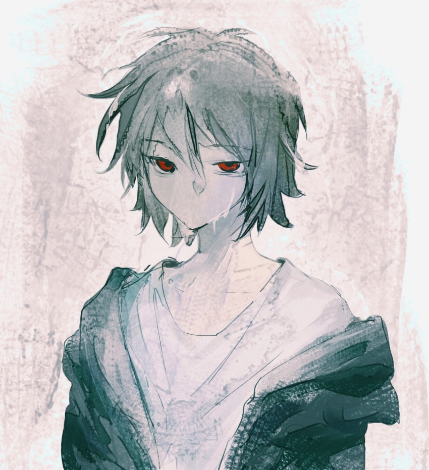 1boy, black_hair, black_jacket, chinese_commentary, commentary_request, crying, crying_with_eyes_open, danxunmo, highres, isoi_haruki, jacket, male_focus, no_mouth, open_clothes, open_jacket, red_eyes, saibou_shinkyoku, shirt, short_hair, solo, tears, upper_body, white_background, white_shirt