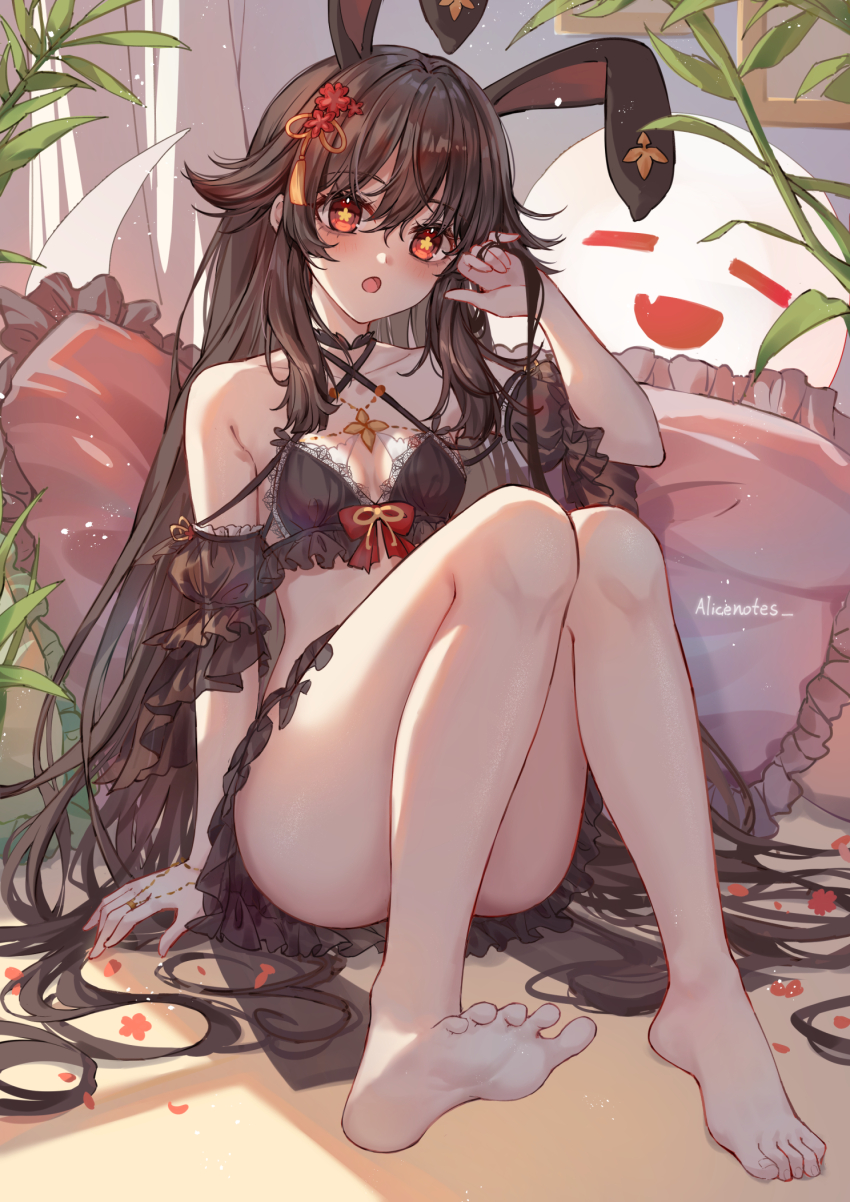 1girl, :o, alternate_costume, animal_ears, arm_support, bare_legs, bare_shoulders, barefoot, black_skirt, black_sleeves, blush, boo_tao_(genshin_impact), bow, breasts, brown_hair, criss-cross_halter, crop_top, cushion, detached_sleeves, fake_animal_ears, feet, flower, flower-shaped_pupils, frilled_skirt, frilled_sleeves, frills, full_body, genshin_impact, ghost, hair_between_eyes, hair_flaps, hair_flower, hair_ornament, halterneck, hand_in_own_hair, hand_up, highres, hu_tao_(genshin_impact), jewelry, knees_up, lace_trim, legs, lixiang_guo_alice, long_hair, looking_at_viewer, miniskirt, open_mouth, petals, plant, plum_blossoms, puffy_short_sleeves, puffy_sleeves, rabbit_ears, red_bow, red_eyes, red_flower, ring, see-through_clothes, see-through_sleeves, short_sleeves, sidelocks, sitting, skirt, small_breasts, soles, solo, symbol-shaped_pupils, tassel, tassel_hair_ornament, thighs, toes, very_long_hair