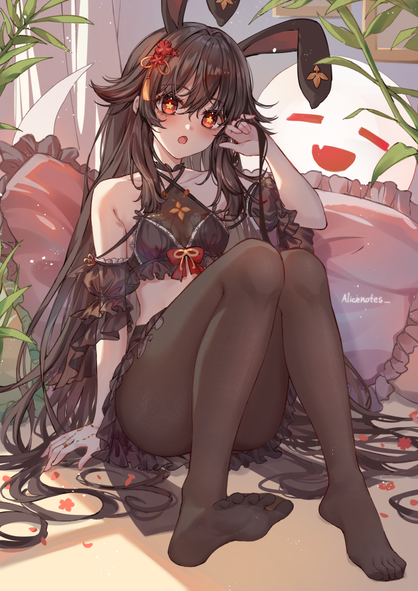 1girl, :o, alternate_costume, animal_ears, arm_support, bare_shoulders, black_pantyhose, black_skirt, black_sleeves, blush, boo_tao_(genshin_impact), bow, breasts, brown_hair, commentary_request, criss-cross_halter, crop_top, cushion, detached_sleeves, fake_animal_ears, feet, flower, flower-shaped_pupils, frilled_skirt, frilled_sleeves, frills, full_body, genshin_impact, ghost, hair_between_eyes, hair_flaps, hair_flower, hair_ornament, hair_spread_out, halterneck, hand_in_own_hair, hand_up, highres, hu_tao_(genshin_impact), jewelry, knees_up, lace_trim, legs, lixiang_guo_alice, long_hair, looking_at_viewer, miniskirt, no_shoes, open_mouth, pantyhose, petals, plant, plum_blossoms, puffy_short_sleeves, puffy_sleeves, rabbit_ears, red_bow, red_eyes, red_flower, ring, see-through_clothes, see-through_legwear, see-through_sleeves, short_sleeves, sidelocks, sitting, skirt, small_breasts, soles, solo, symbol-shaped_pupils, tassel, tassel_hair_ornament, thighs, toes, very_long_hair