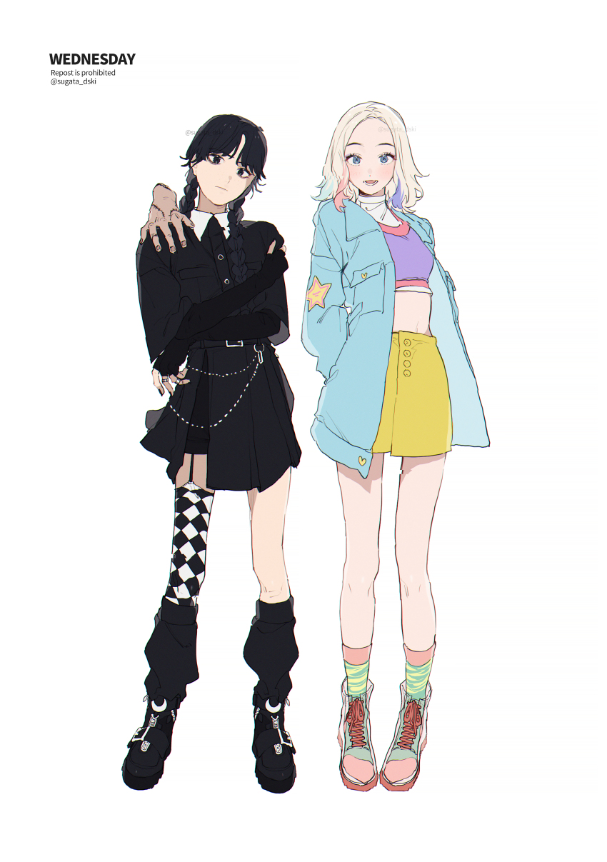 2girls, absurdres, the_addams_family, animification, asymmetrical_legwear, belt, black_eyes, black_footwear, black_hair, black_nails, black_sleeves, blonde_hair, blue_coat, blue_eyes, braid, breasts, buttons, checkered_thighhighs, closed_mouth, coat, copyright_name, crop_top, cross-laced_footwear, disembodied_hand, enid_sinclair, expressionless, fingerless_gloves, full_body, garter_belt, gloves, highres, key, looking_at_viewer, midriff, multicolored_hair, multiple_girls, nail_polish, open_mouth, simple_background, skirt, small_breasts, smile, streaked_hair, sugata_dski, thing_(the_addams_family), twin_braids, twitter_username, wednesday_(netflix), wednesday_addams, white_background, wing_collar, yellow_skirt