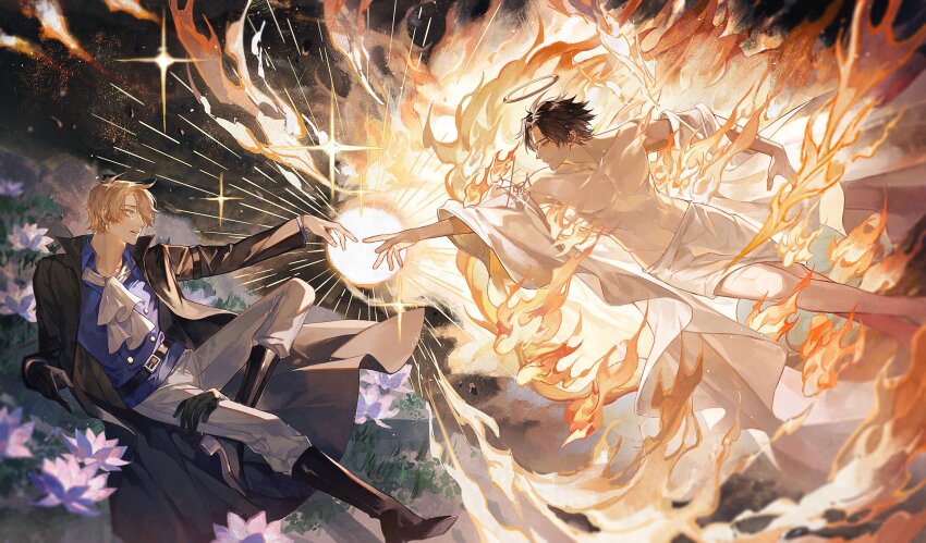 2boys, absurdres, ascot, black_coat, blonde_hair, coat, eye_contact, fine_art