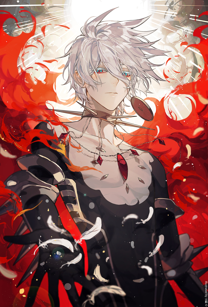 1boy, armor, bishounen, blue_eyes, bodysuit, cape, chest_jewel, collar